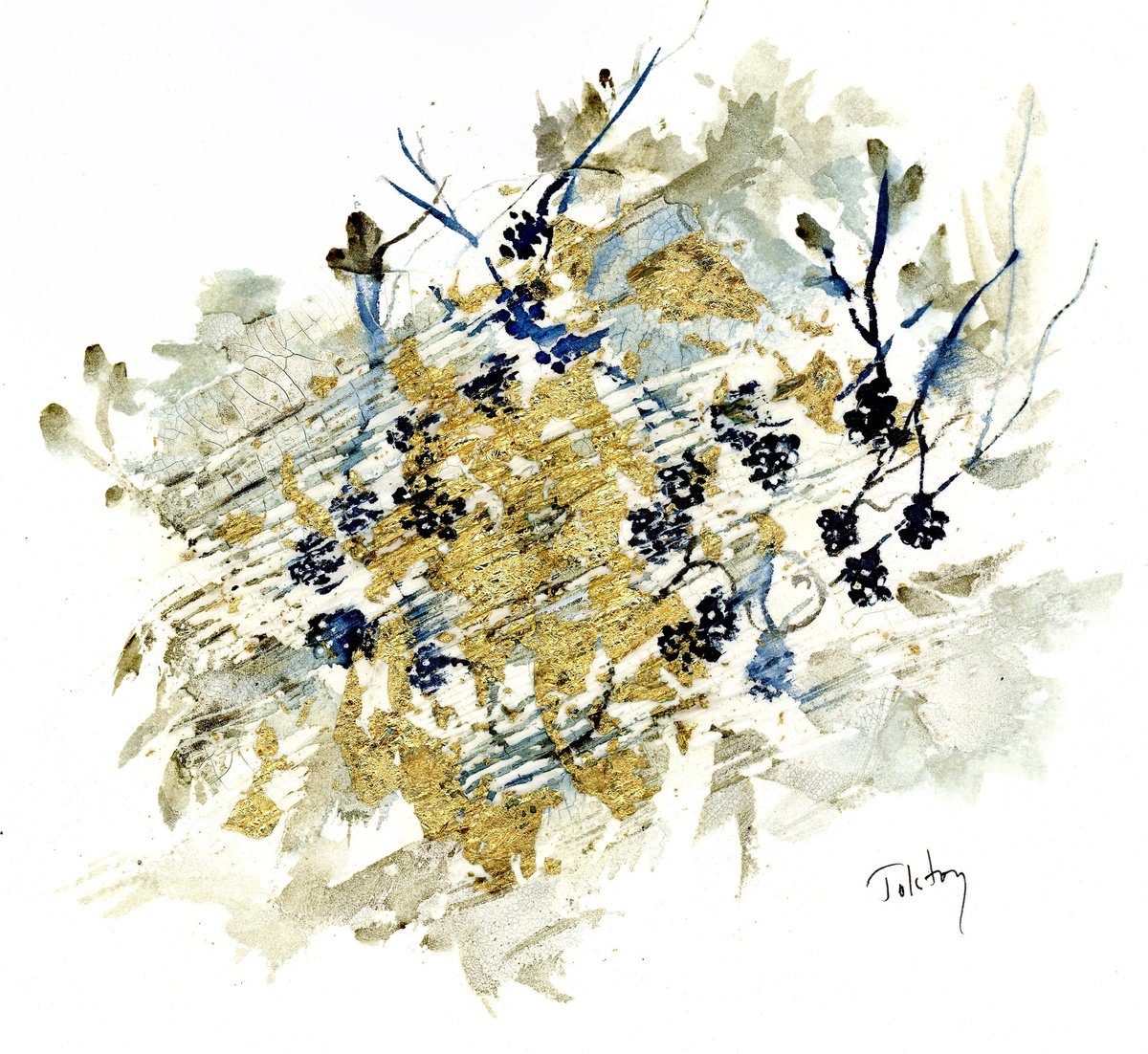 Impressionistic Botanical Painting By Alex Tolstoy, 10 X 10, Blackberries On Gold Leaf, Original Artwork