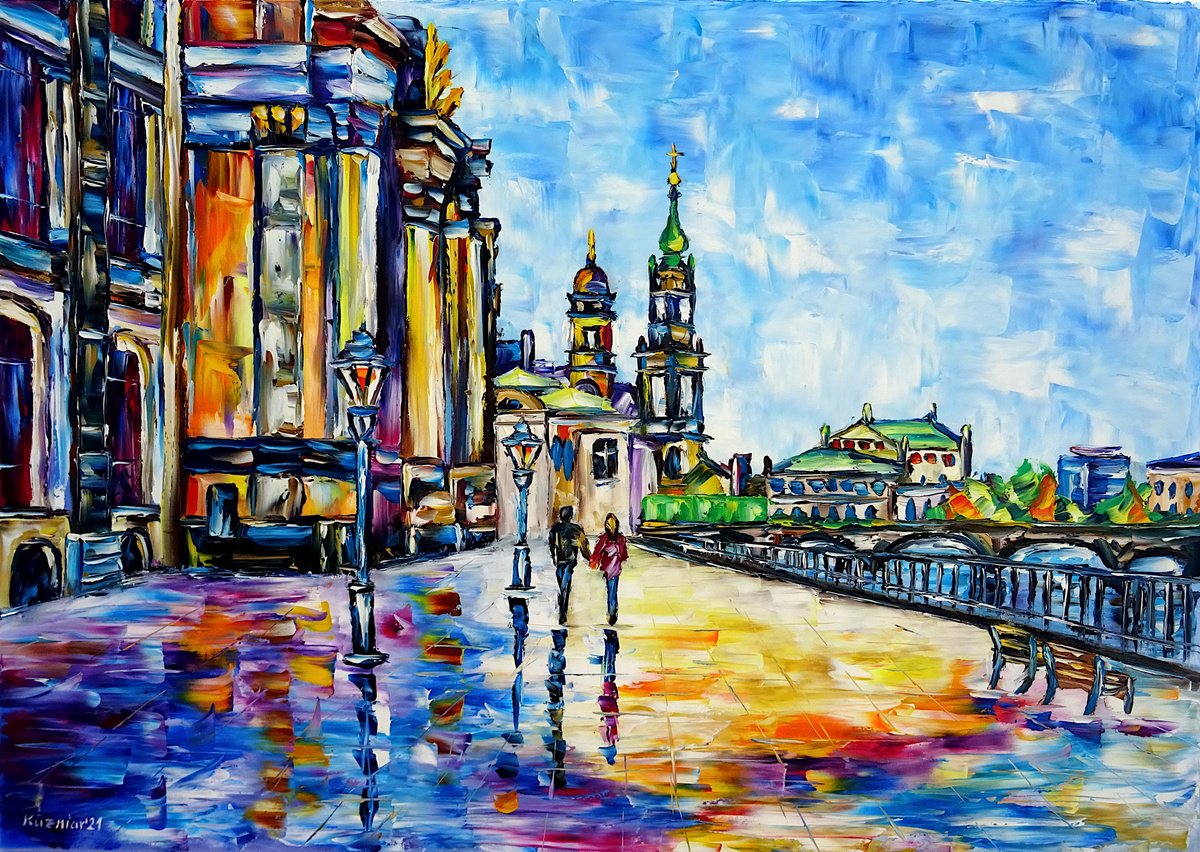 Expressive Cityscapes Oil Painting By Mirek Kuzniar, 28 X 20", Bruhl Terrace, Dresden, Original Artwork