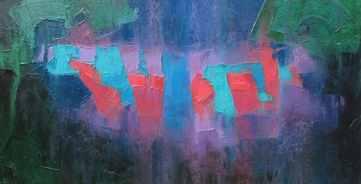 Abstract Cityscapes Oil Painting By Abhishek Kumar, 41 X 21, Pink Lights, Original Artwork