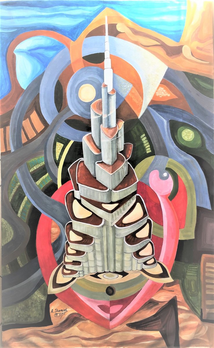 Expressive Abstract Acrylic Painting By Abdelrahman Shamieh, 39 X 63, Burj Khalifa, Original Artwork