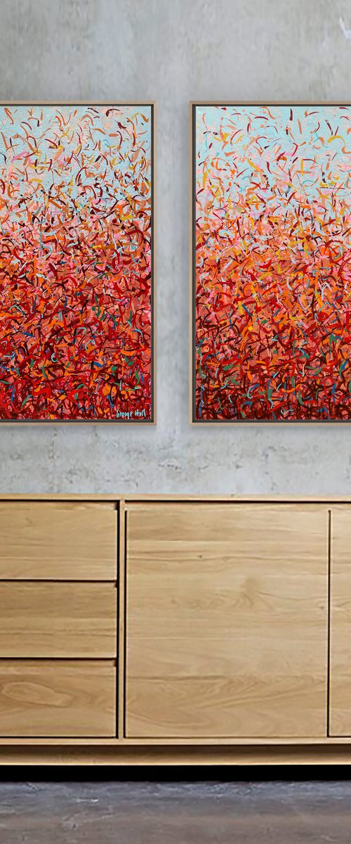 Darwin Dance A & B - 70cm squ each - acrylic on canvas by George Hall