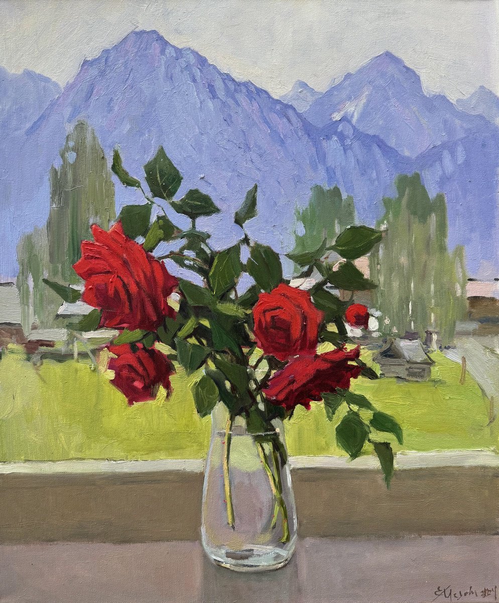 Impressionistic Botanical Oil Painting By Evgeniia Mekhova, 20 X 24, Bouquet Of Roses In The Alps, Original Artwork