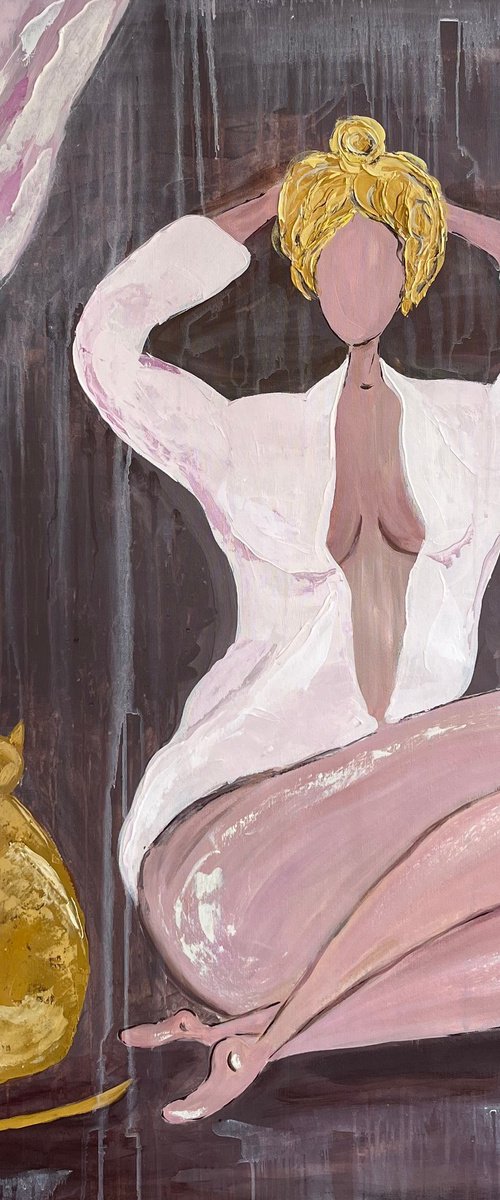 Woman Cat Painting by Halyna Kirichenko
