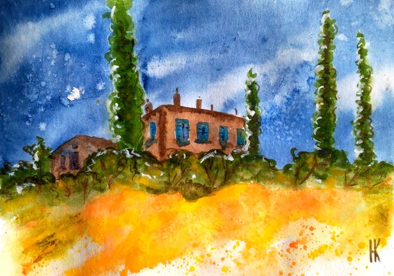 Tuscany Painting Landscape Original Art Farm House Watercolor Poplar Tree Artwork Yellow Field Small Wall Art 8 by 12" by Halyna Kirichenko