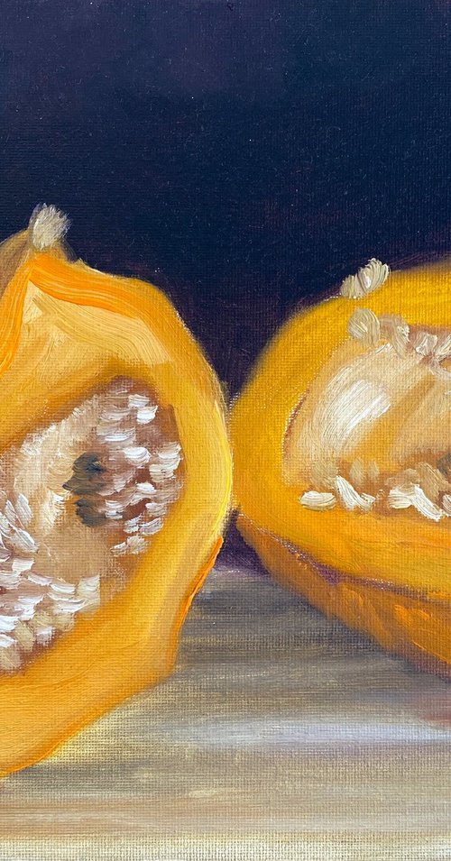 A small pumpkin cut in a half. still life by Dmitry Fedorov