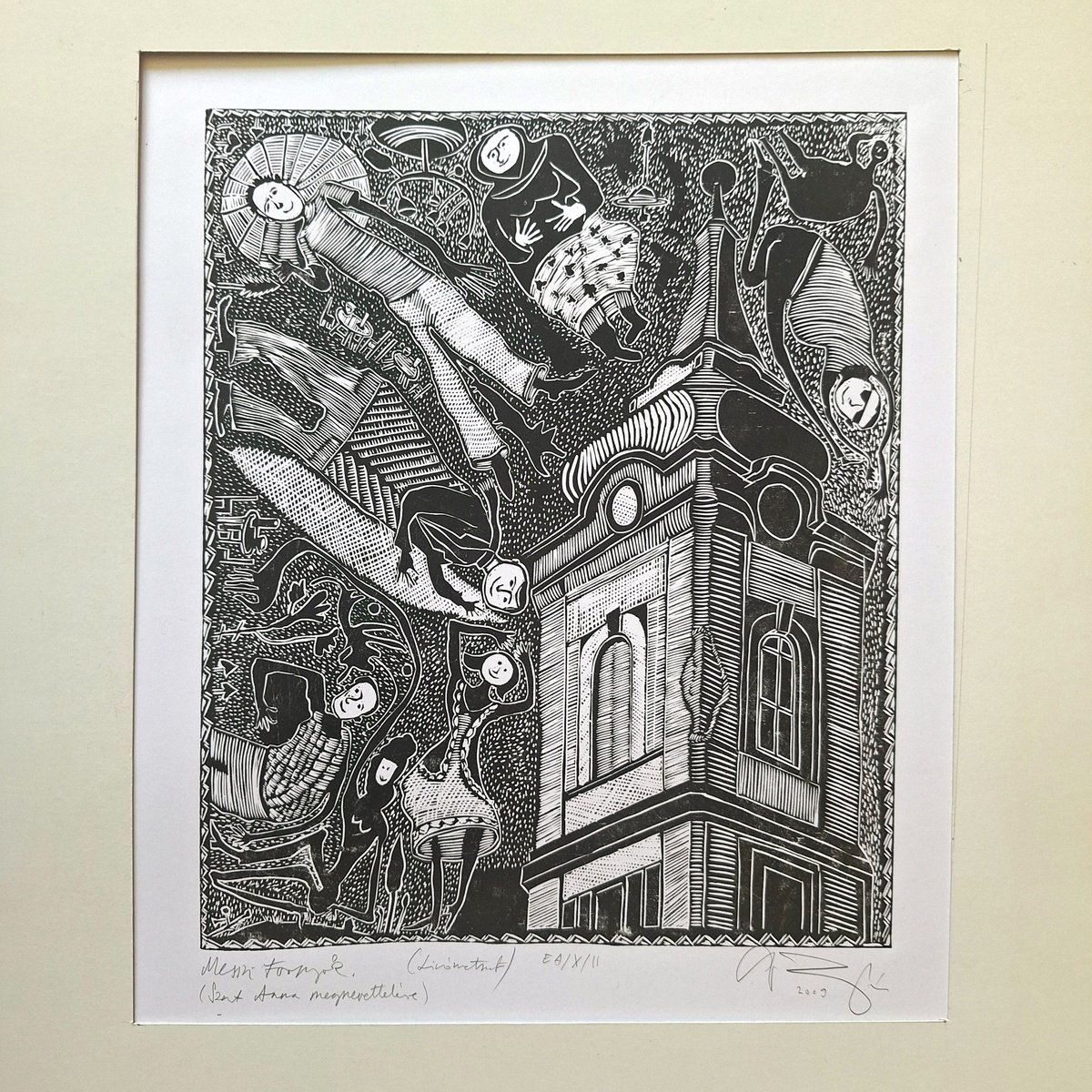Surrealistic Cityscapes Linocut By Zoltan Csomos, 20 X 28", Unexpected Visitors Popping Up, Original Artwork