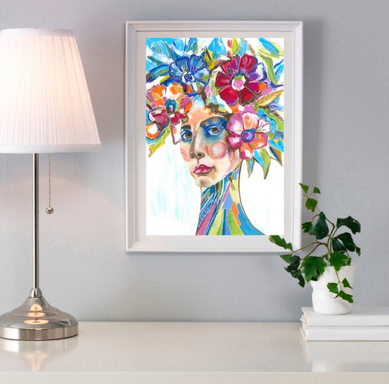 Flower Portrait 2, Floral Woman Portrait Bouquet Painting Modern Wall Art