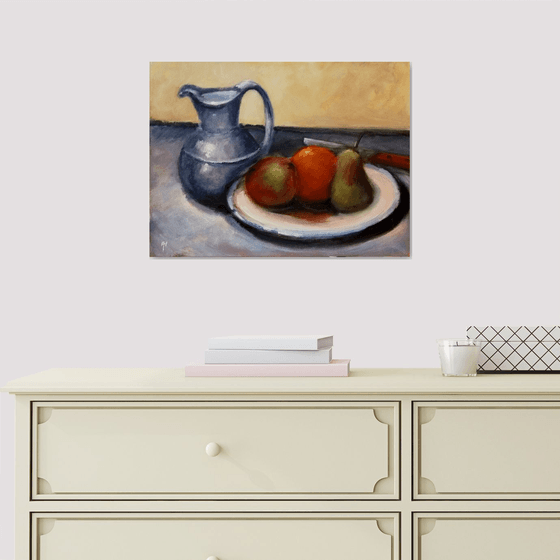Still life with pewter jug and fruit