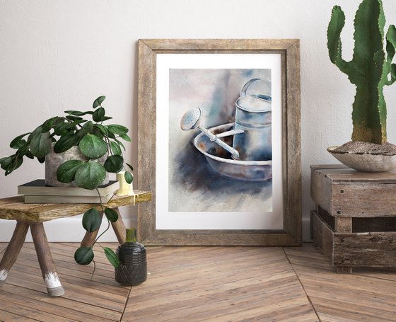 Rustic still life - original watercolor gray and simple