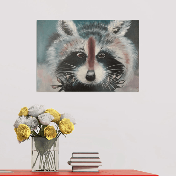 Racoon, animal face, gift, original oil painting