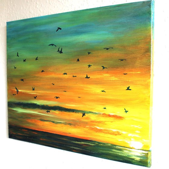 commuters at sunset