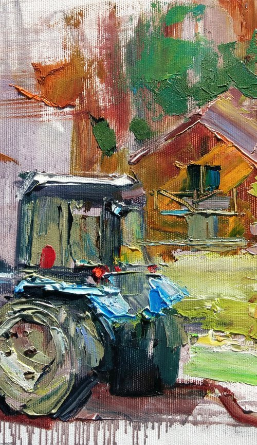 Moments of walk in village | Rural landscape with a horse , tractor and a house | Original oil painting by Helen Shukina