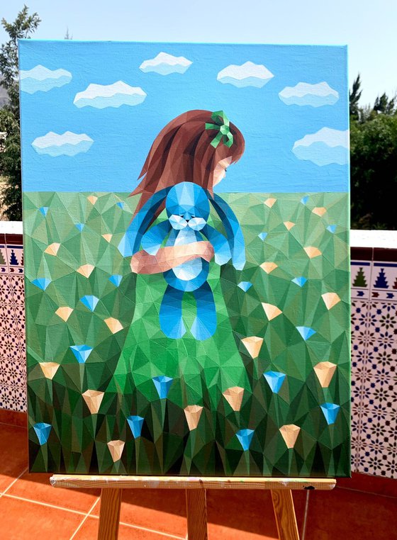 GIRL IN A FLOWER FIELD WITH A BLUE RABBIT