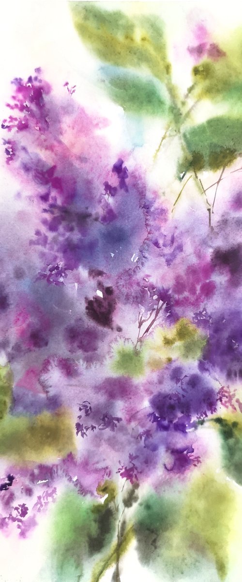 Lilac bouquet. Impressionist flowers. Watercolor purple flowers by Olga Grigo