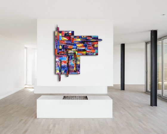 "Block Out" - Original Three-Piece Assembled PMS Mixed Media Sculptural Painting On Wood, Framed -  40 x 48 inches