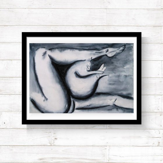 Female Nude Painting Original Art Cat Painting Woman Nude Black Monochrome Wet on Wet Watercolor Artwork Home Wall Art 17 by 12" by Halyna Kirichenko