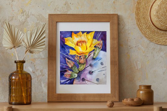 Cacti blossom - yellow flower on violet background, original watercolor