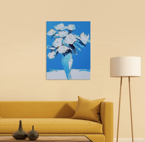 White Roses In A Blue Vase