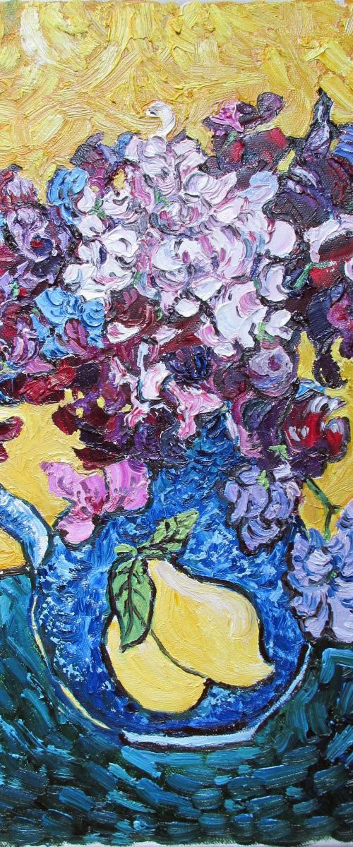 Sweetpeas in a blue jug with lemons by Richard Meyer