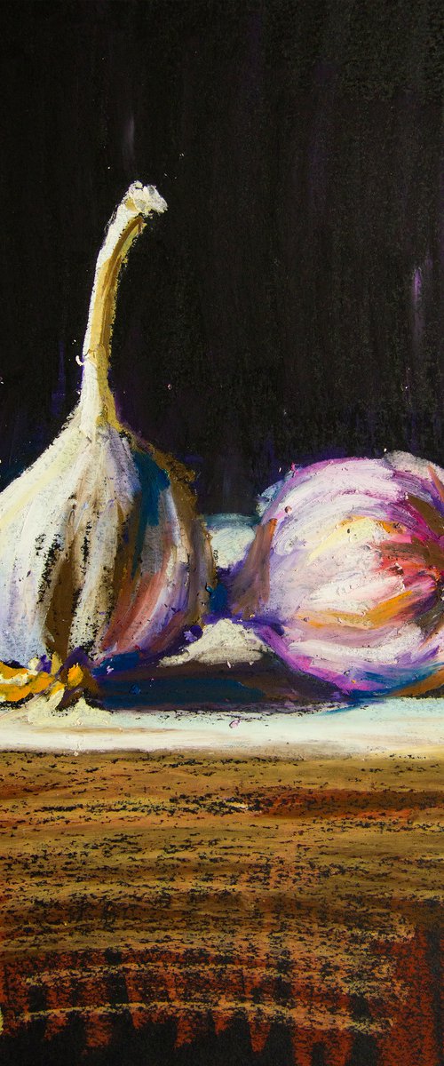 Garlic. Home isolation series. Oil pastel painting. Small home decor gift idea interior dark tones still life by Sasha Romm