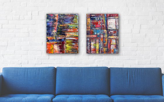 "Keep Your Distance" - FREE USA SHIPPING + Save As A Series - Original PMS Abstract Diptych Oil Paintings On Canvas - 32" x 20"