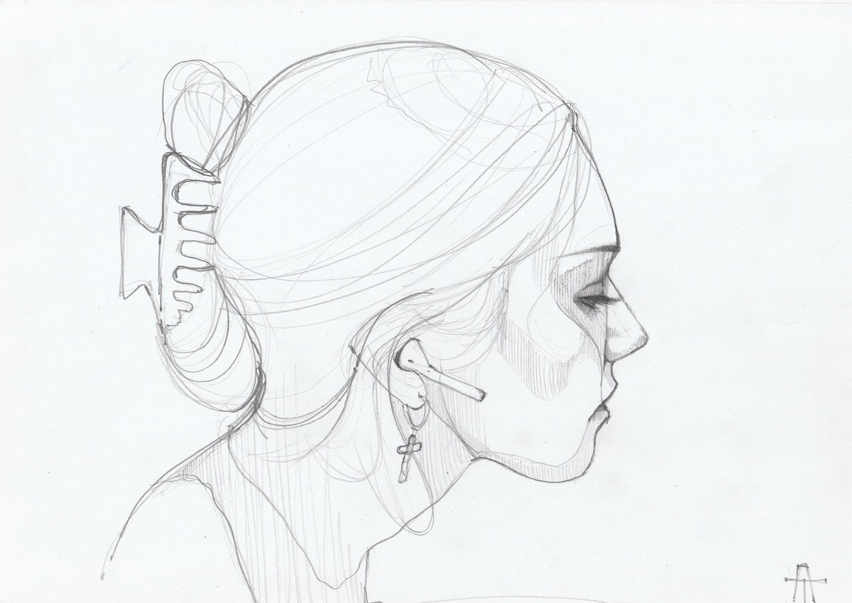 Expressive Portrait Pencil Drawing By Anastasia Terskih, 12 X 8, Girl With Airpod, Original Artwork