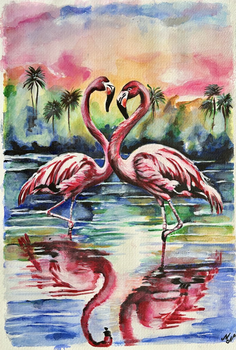 Impressionistic Animal Watercolour By Misty Lady - M. Nierobisz, 13 X 19", Flamingos At Sunset, Original Artwork