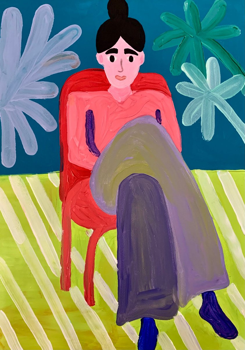 Urban And Pop Portrait Acrylic Painting By Aurora Camaiani, 14 X 20, The Thoughtful Girl, Original Artwork