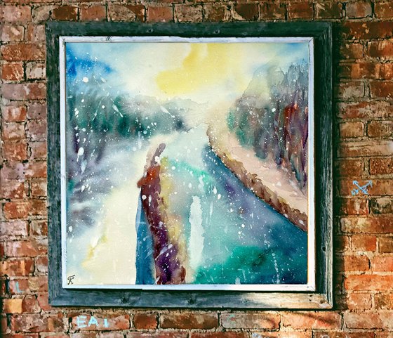 Winter Abstract Watercolor Painting, First Snow Original Painting, Christmas Wall Art, Cozy Home Gifts