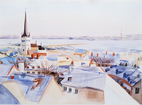 Winter Morning in Tallinn. Original Watercolor Painting on Cold Press Paper 300 g/m or 140 lb/m. Landscape Painting. Wall Art. 11" x 15". 27.9 x 38.1 cm. Unframed and unmatted.