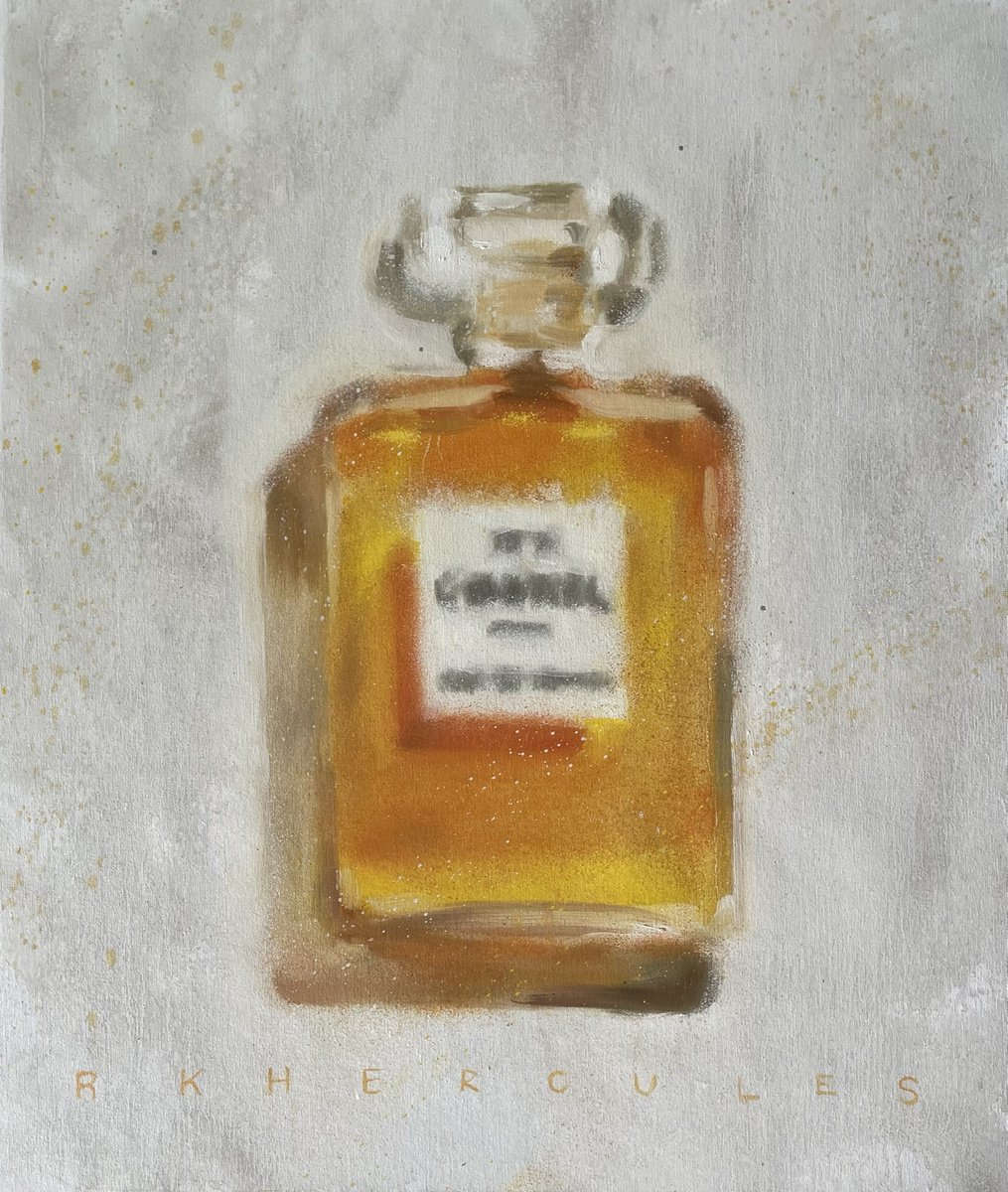 Perfume bottle yellow painting in oil on canvas unstretched painting white grey bright bac... by Renske Karlien Hercules
