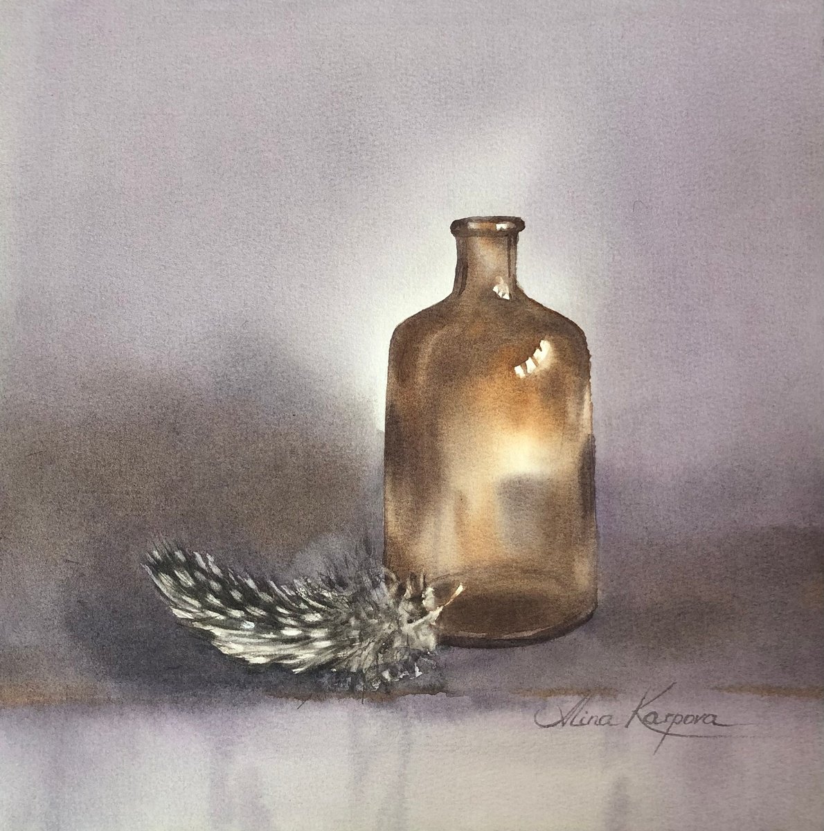 Photorealistic Still Life Watercolour By Alina Karpova, 10 X 10, Glass And Feather, Original Artwork