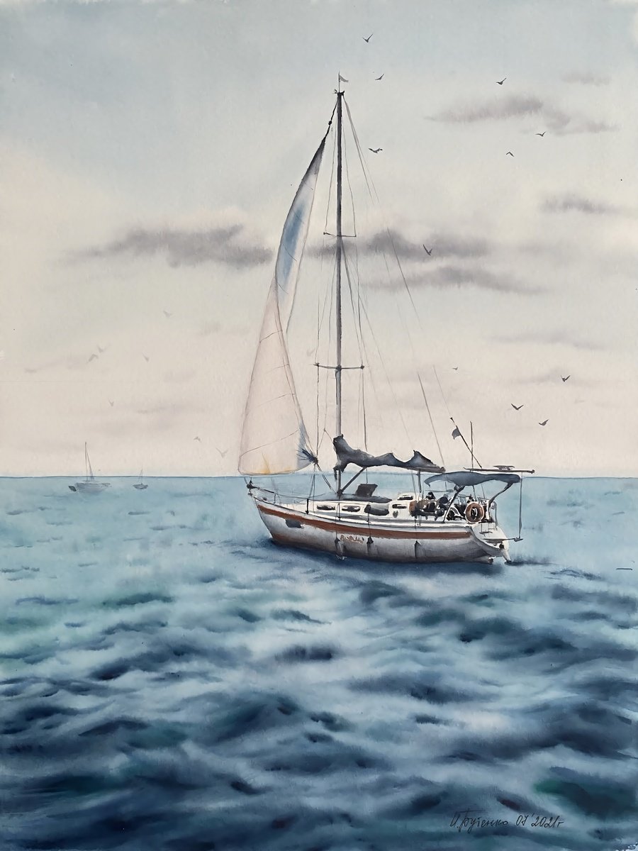 Graphic Landscape Watercolour By Natalia Butenko, 12 X 16", We Are Going To The Sea, Original Artwork