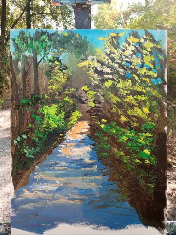 Green trail on a sunny morning, Plein Air painting