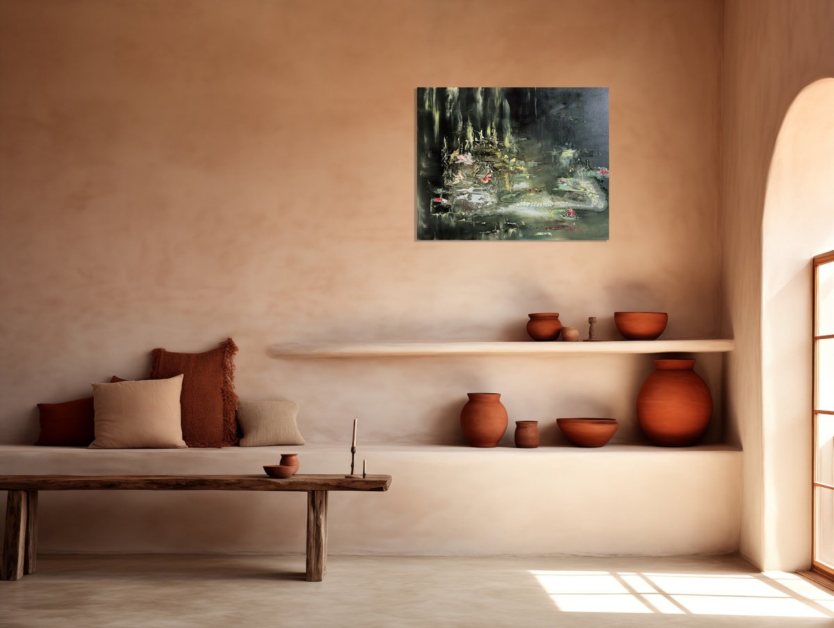 Organic Landscape Oil Painting By Julia Swaby, 30 X 24", Water Garden Ii, Original Artwork