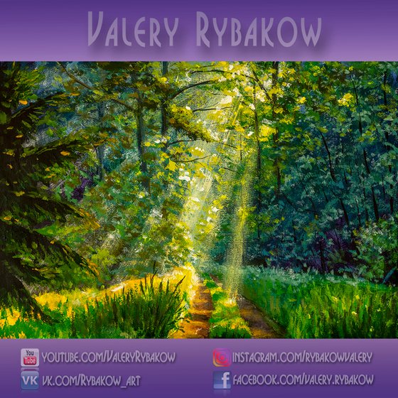 Painting green forest sunlight. Bright sun rays in forest shining on path through green trees sunny illustration.