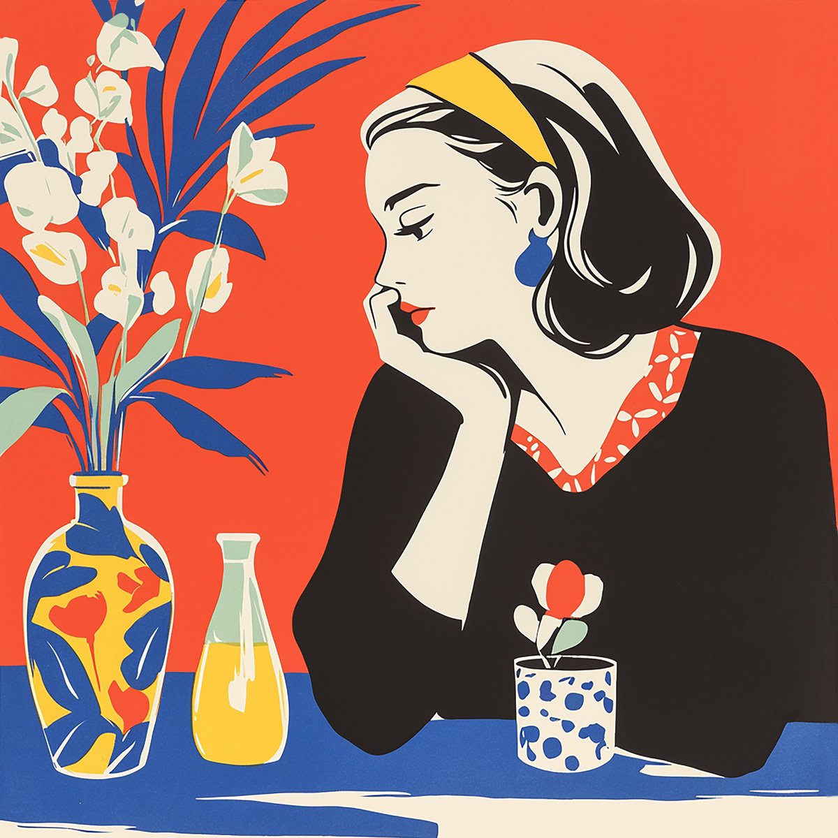 Illustrative Portrait Acrylic Painting By Kosta Morr, 31 X 31", Women And Flowers, Original Artwork