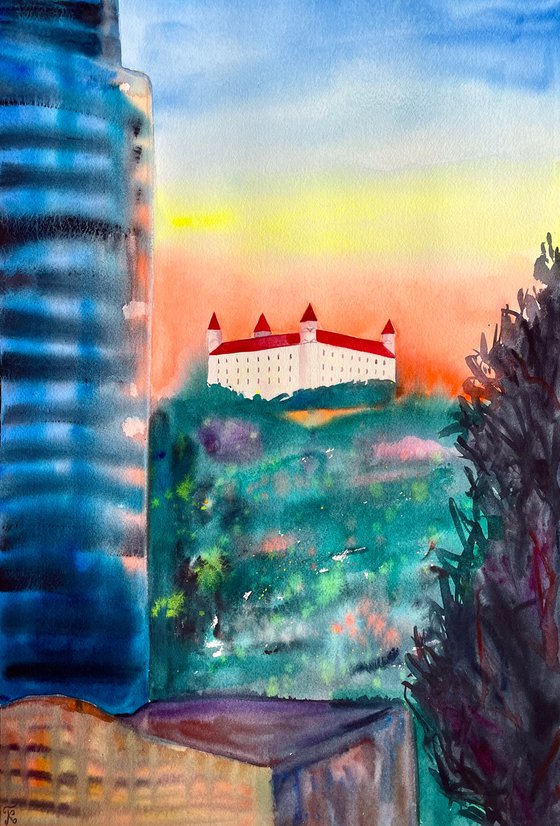 Bratislava Watercolor Painting, Europe City Original Artwork, Slovak Landscape Wall Art