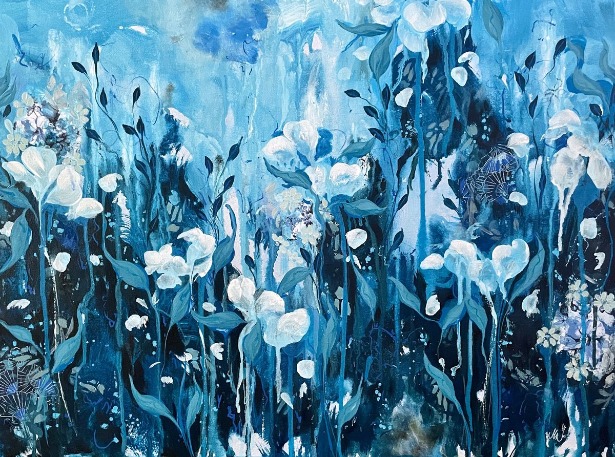Organic Botanical Acrylic Painting By Nicole Esposito Woodall, 24 X 18", Into The Blue Xiv, Original Artwork