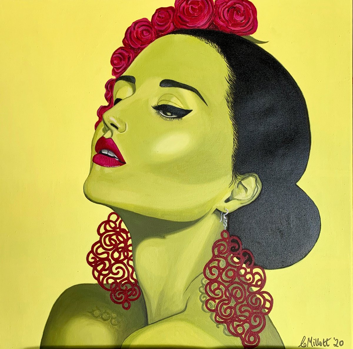 Expressive Portrait Giclee Print By Caroline Millott, 16 X 16, Flamenco Green, Original Artwork