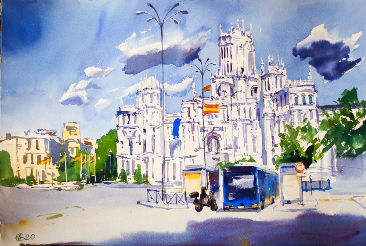 View of Cibeles square in Madrid. Medium size urban landscape watercolor with contrast by Sasha Romm