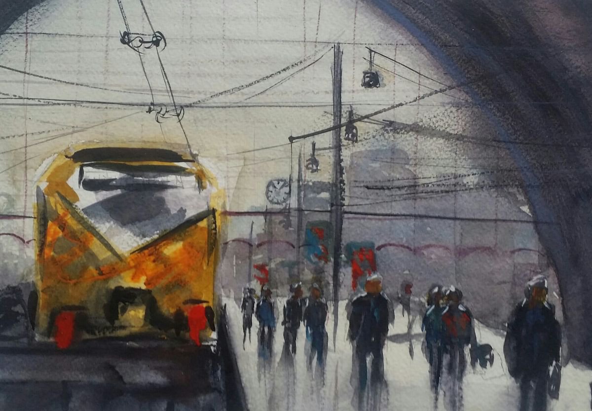 Impressionistic Cityscapes Watercolour By Els Driesen, 17 X 13, Station Of Antwerpen, Original Artwork