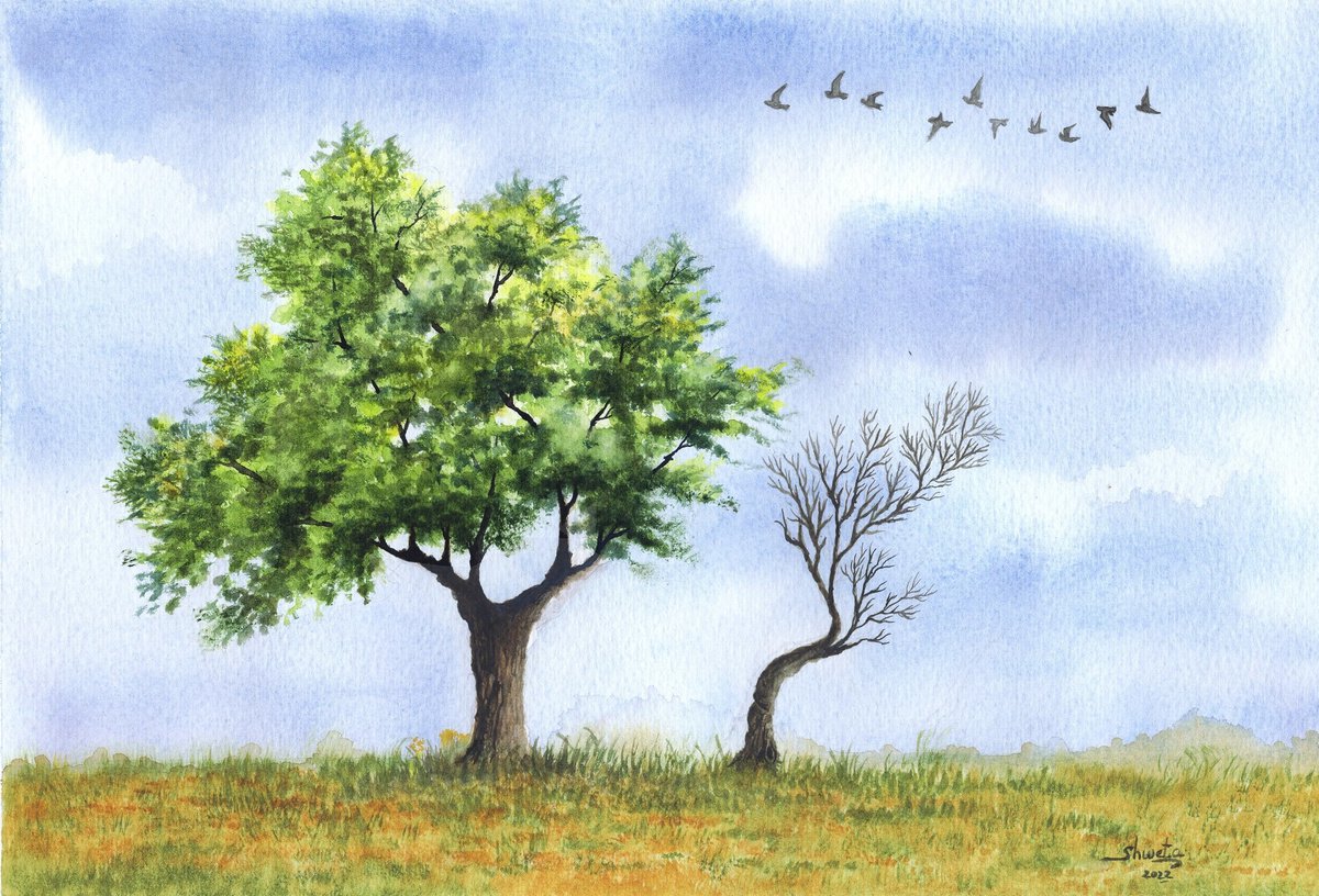 Photorealistic Landscape Watercolour By Shweta Mahajan, 12 X 9", Two Trees In The Field, Original Artwork