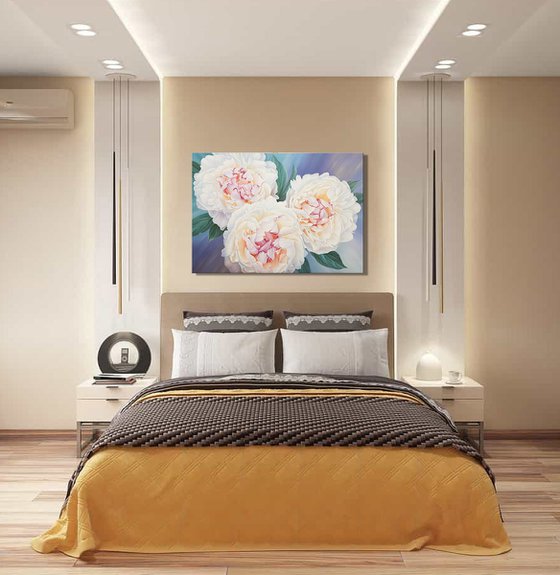 "Summer charm", white peonies painting, floral art