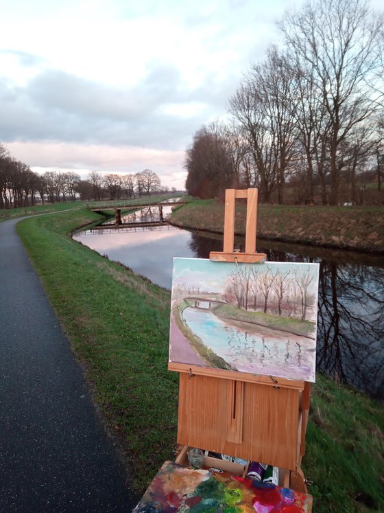 The warm winter. One of the Netherlands canals. Plein Air