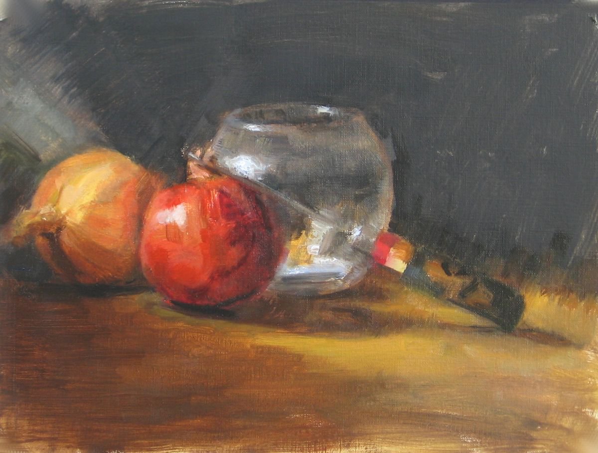 Glass bowl, pomegranate & knife still life painting by Daniel Peci