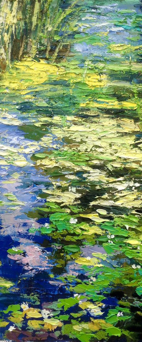 Abstract water lilies pond oil painting landscape river sunlight by Nataliia Nosyk