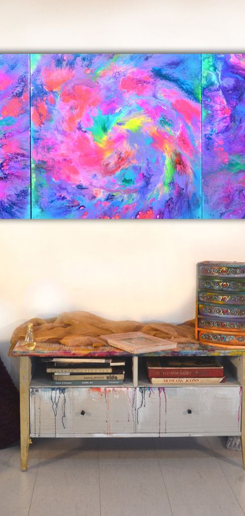 240x80 cm - The Sound of the Water in Slow Motion - XXXL Large Modern Abstract Fluid Big Painting - Large Multi-panelled Artwork, Ready to Hang, Office, Hotel and Restaurant Wall Decoration by Soos Tiberiu