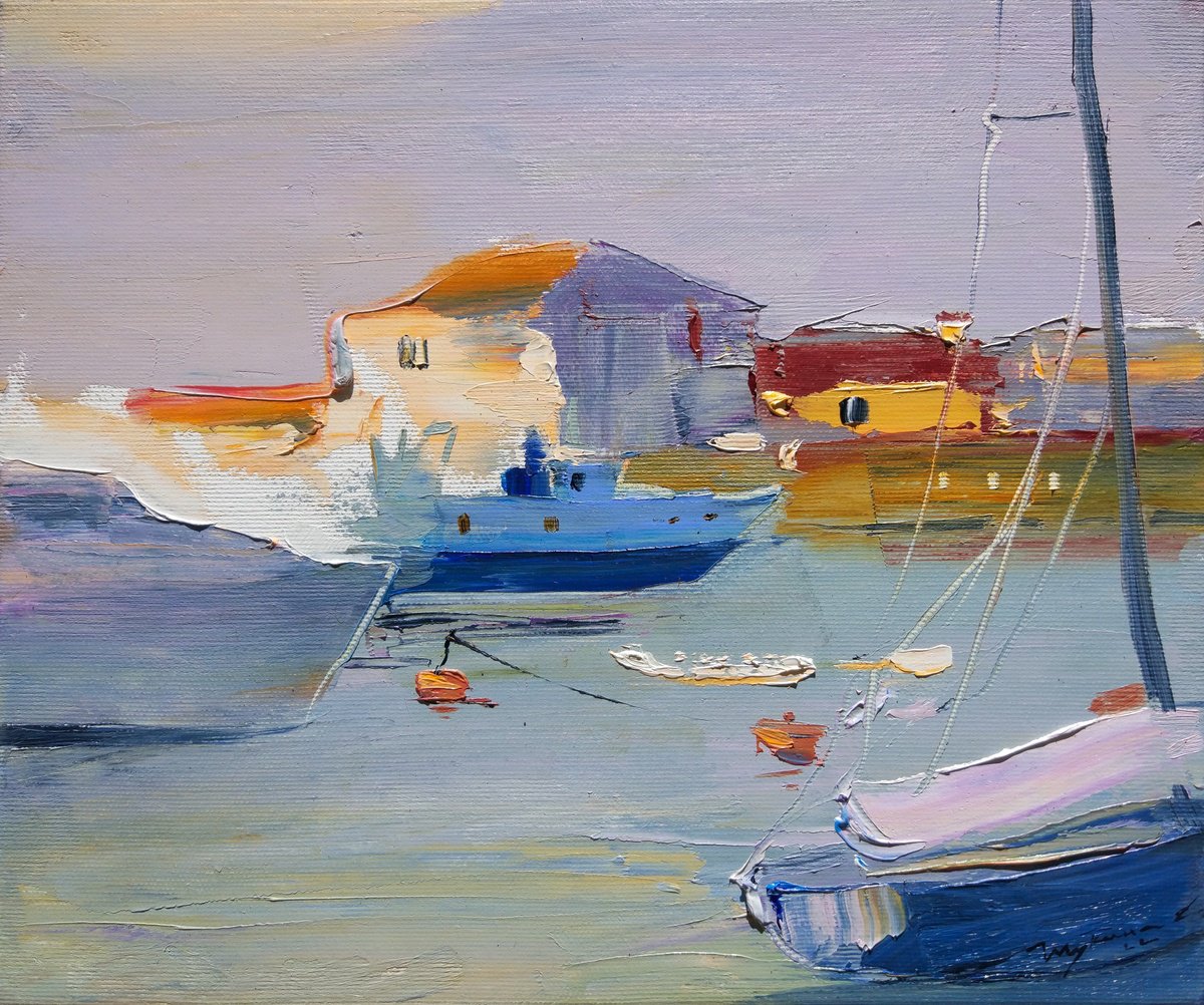 Landscape Oil Painting By Helen Shukina, 12 X 10, Embankment Of The Italian City, Original Artwork