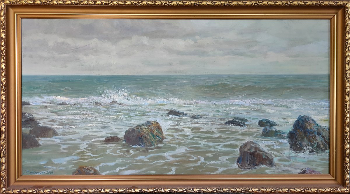 Impressionistic Landscape Oil Painting By Viktor Mishurovskiy, 39 X 20", Sea Shore. Azure, Original Artwork